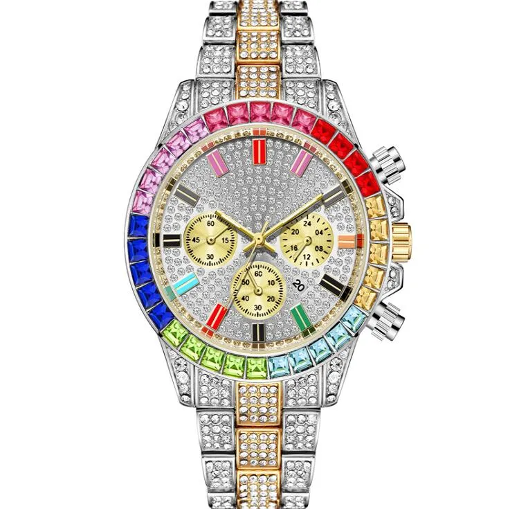 Heren hiphop kleur diamant grote wijzerplaat horloge stalen riem volledige Diamond Heren gouden quartz chronograaf vakantiegift2132