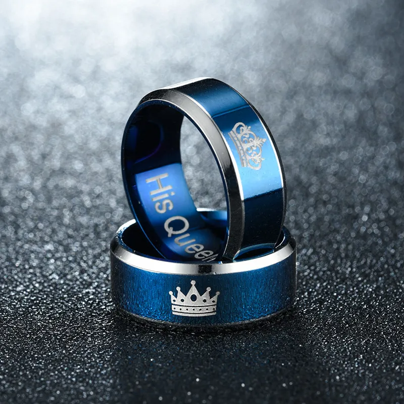 Blå krona hennes kung hans drottning ringer band rostfritt stål kvinnor män par ring mode smycken vilja och sandig gåva