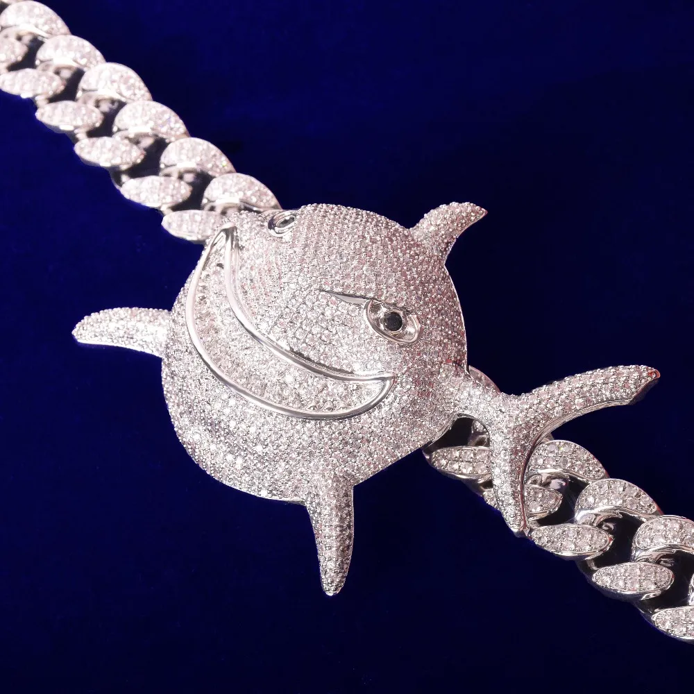 Full Zirkon Tierhai Anhänger mit 20 mm kubanischer Kette Halskette Gold Farbe Charm Herren Hip Hop Rock Street Jewel196m