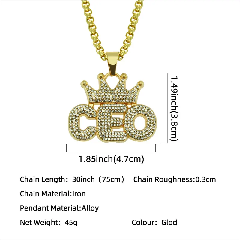 Ship Hop Rhinestones Bling Bling Iced Out Crown CEO Pendants Necklace for Men rapper Jewelry Drop 240Z