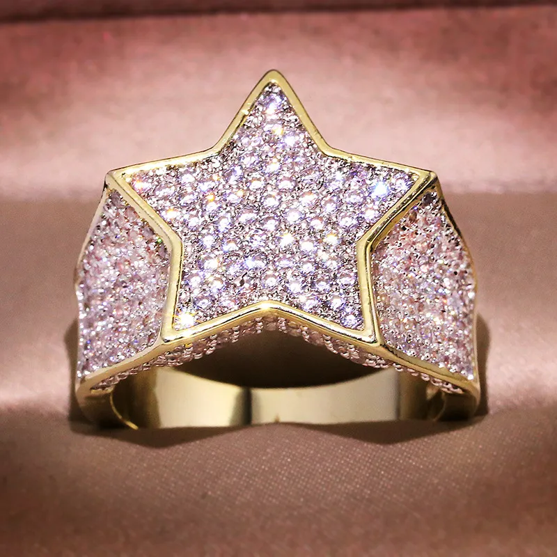 Hip Hop Bling Smycken Iced Out Cool Boy Herr Stjärnform Ring Guldpläterad CZ Cubic Zirconia Bling Hiphop Ringar för män