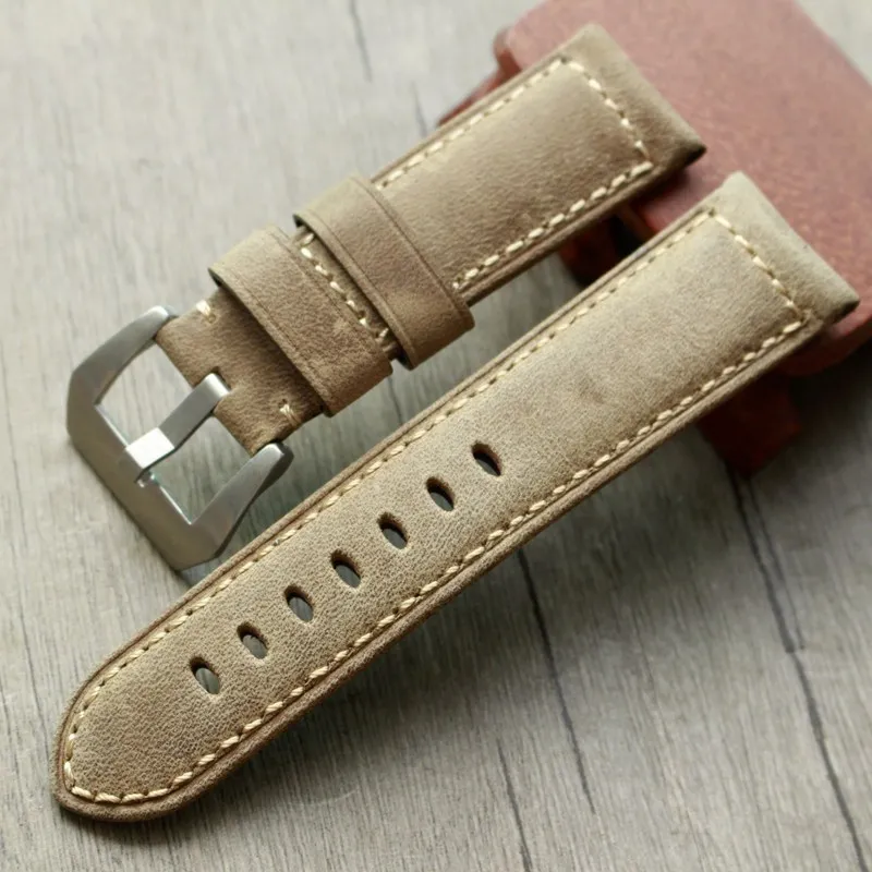 24mm mens 시계 밴드 진짜 미친 말 가죽 watchband fitpane 44mm mens 시계 스트랩 도매를위한 버클 손목 밴드