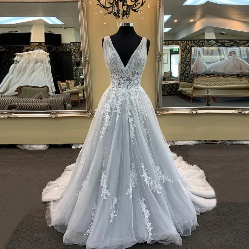 WD0821 Robe De Mariage Sexy 2019 nouveau col en V dentelle Tulle une ligne robes De mariée robes de noiva robes De mariée Vintage