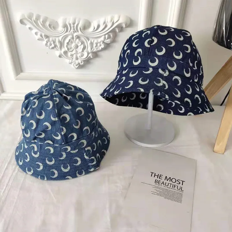 Kobiety składane umyte dżinsowe czapkę Blue Jean Bob Hat Short Brim Hip Hop Streetwear Cute Moon Printed Stylish Cap 2020 Summer197U