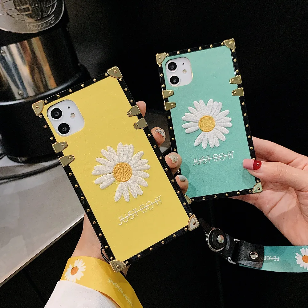 Funda cuadrada con flores de margaritas para Iphone 13 12 Pro Max 11 Pro Xs Max X Xr, correa de muñeca para el cuello, Funda de teléfono con cordón para 13Pro 7 8 PLus