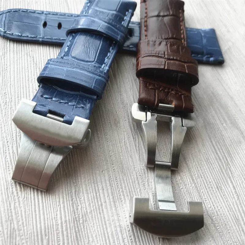 24mm artesanal preto azul costurado genuíno couro de bezerro pulseira de relógio para implantação fivela pulseira para pam187p