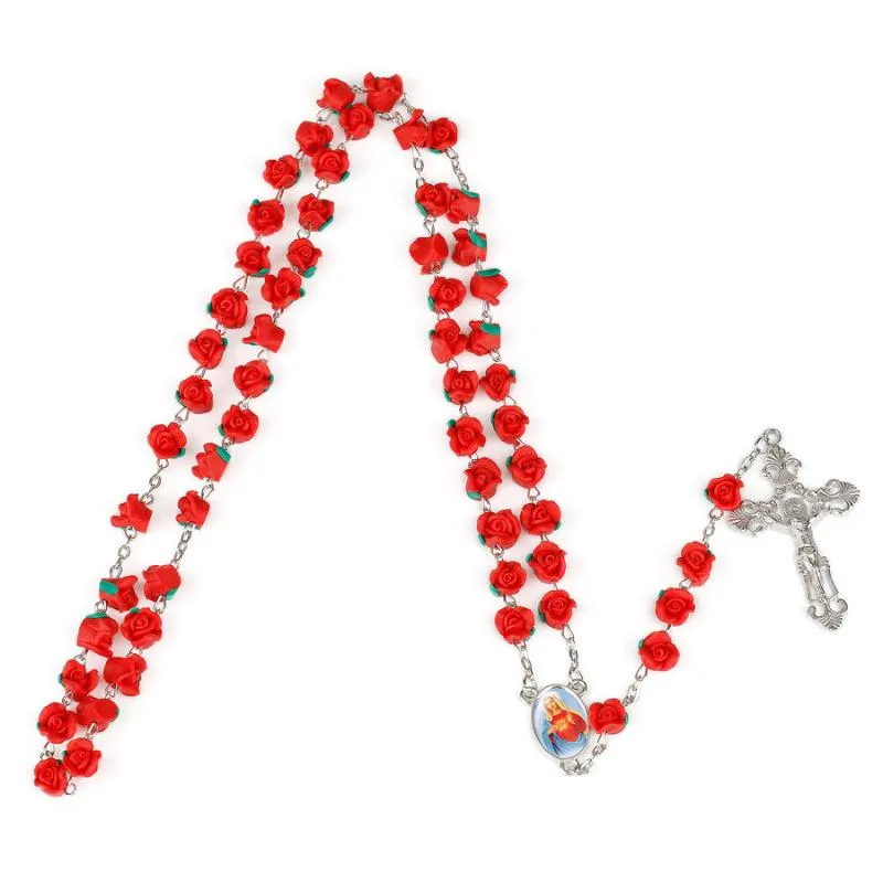 Cinco décadas nossa senhora 8mm argila de polímero rosa contas rosário colar católico com solo sagrado medalha crucifixo cruz religiosa colar1320k