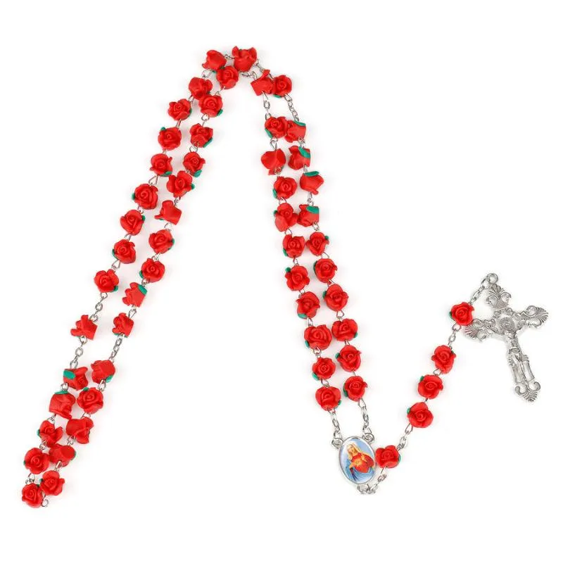 Five Decade Our Lady 8mm Polymer Clay Rose Beads Rosary Catholic Necklace With Holy Soil Medal Crucifix Religious Cross Necklace1320K
