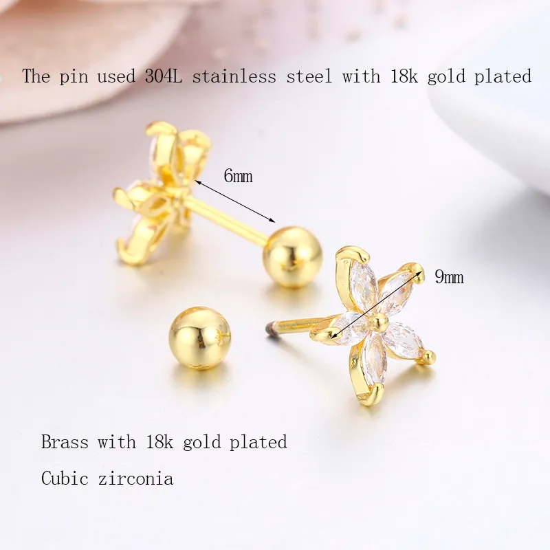 7 couleurs mignon cinq pétales CZ pierres fleur vis arrière boucles d'oreilles pour femmes bébé enfants filles couleur or Piercing bijoux Aros1205K