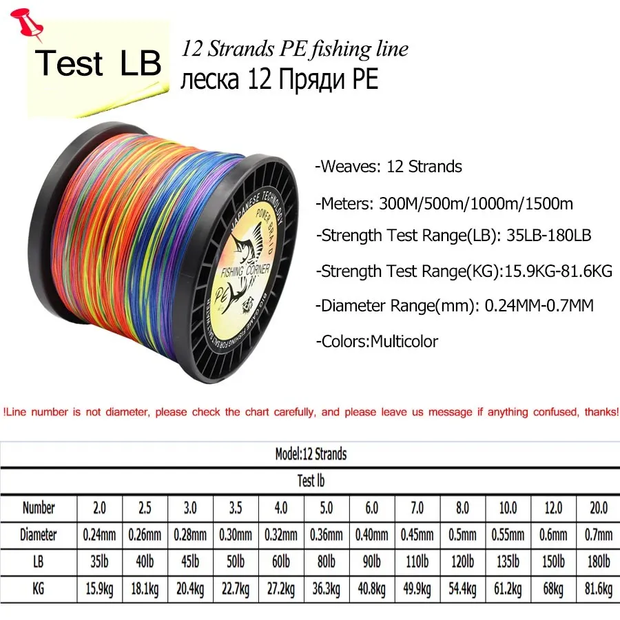 12 Strands 300m / 500m / 1000m / 1500m Pleciona linia Multifilament 35-180LB Multicolor Super Strong Japan PE Line Waterwater Fishing T200909