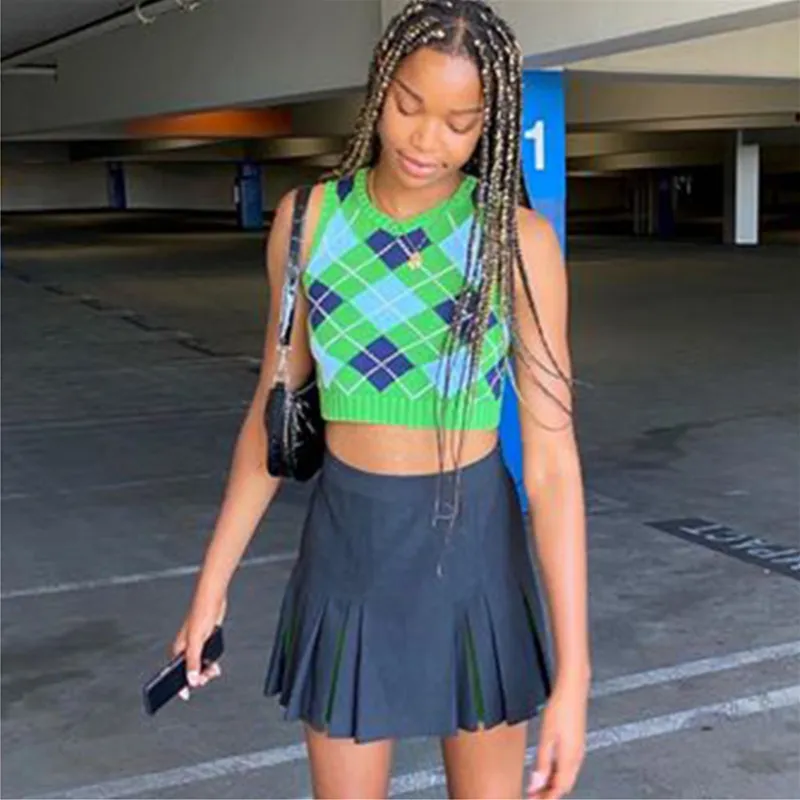 SUCHCUTE Argyle Sleeveless Sweater Vest V Neck Plaid Knitted Vests Women y2k e girl Preppy Style Crop Top Autumn Patchwork 90s Y206429721