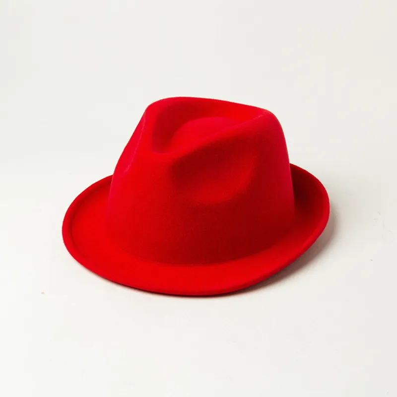 Wolle Fedora Hut Herbst Winter Hüte Für Frauen Männer Unisex Bördeln Mode Jazz Kappe Filz Hüte Top Vintage Damen Rot schwarz286h