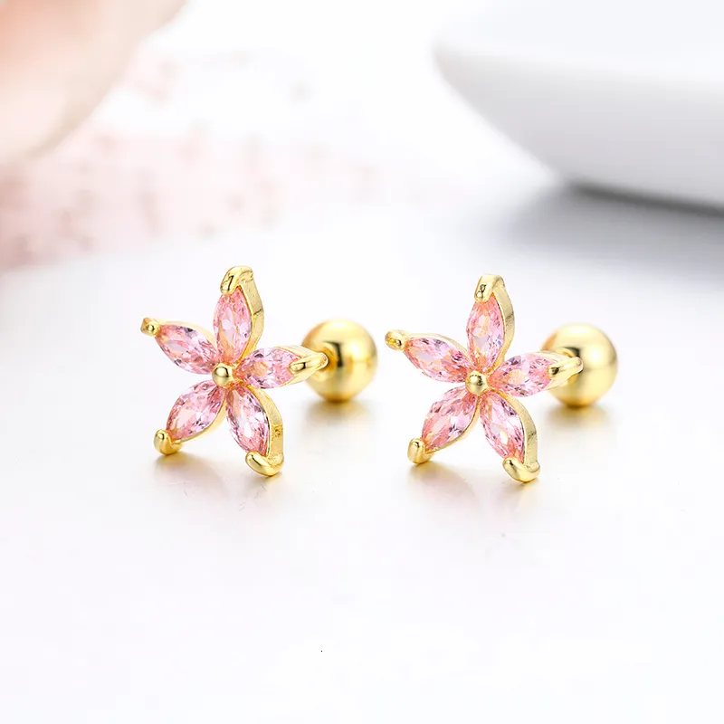 7 couleurs mignon cinq pétales CZ pierres fleur vis arrière boucles d'oreilles pour femmes bébé enfants filles couleur or Piercing bijoux Aros1205K