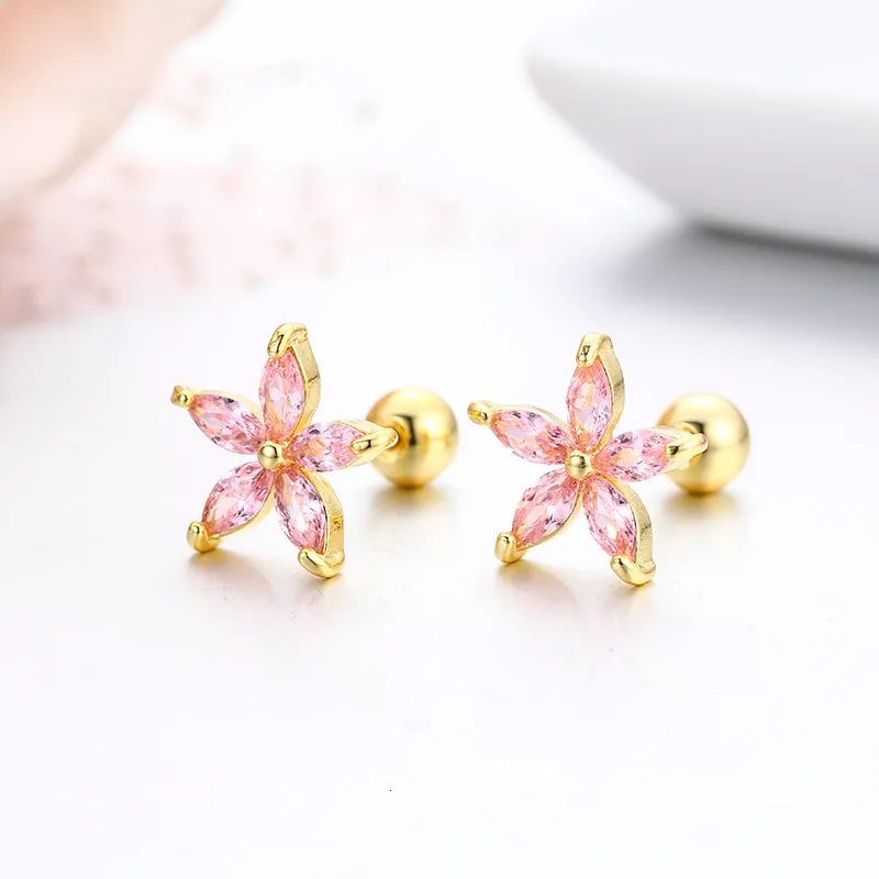 Cute Five Petals CZ Stones Flower Screw Back Stud Earrings For Women Baby Kids Girls Gold Color Piercing Jewelry Aros1205K