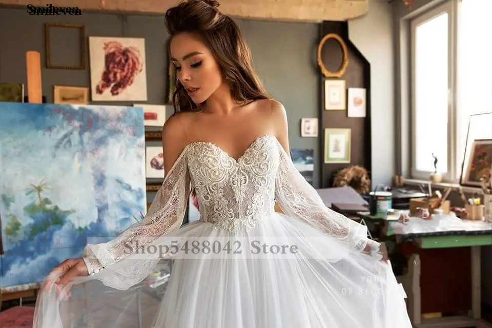 Smileve Abito da sposa principessa Manica a sbuffo Boho Abiti da sposa Nude Tulle Top Abiti da sposa Applicazioni in pizzo Vestido de novia208b