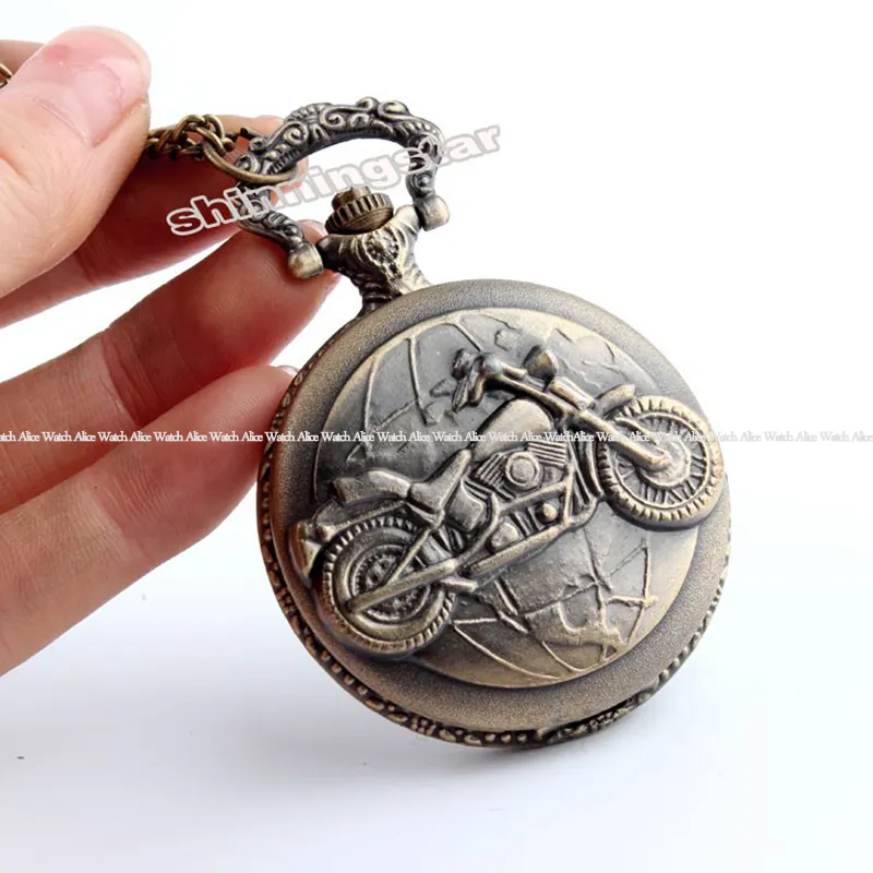 Relógio de bolso de bronze para motocicleta, colar com pingente, corrente vintage, moto, relógio de bolso de quartzo, presentes unissex, relógio de bolso1196e