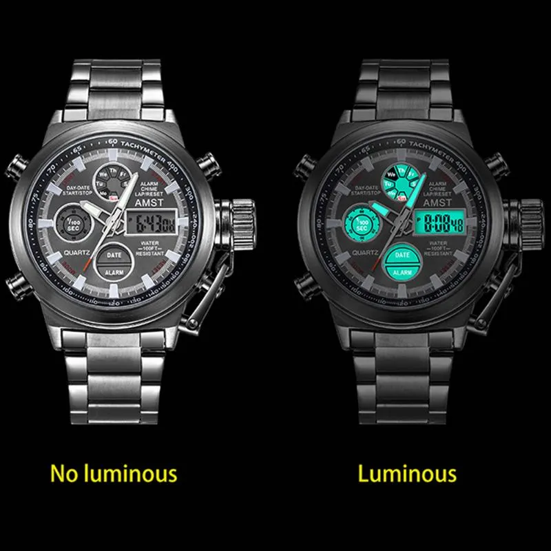 Dual Display Black Watches Men Waches Electronic Luminous Quartz Sport Digital Watches Man Waterproof Relogio Masculino272Y