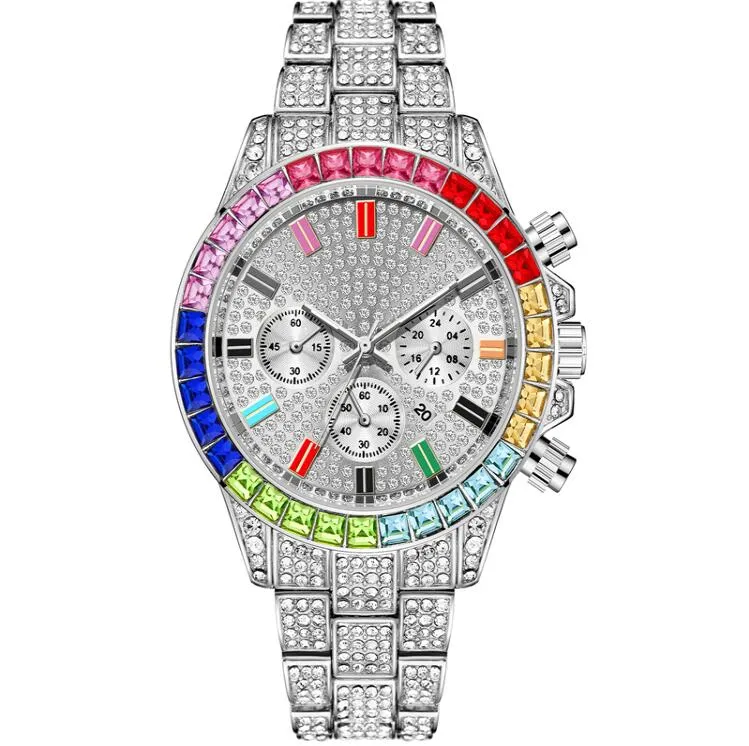 Montre hip hop couleur diamant pour hommes, grand cadran, ceinture en acier, plein de diamants, chronographe à quartz doré, cadeau de vacances 2132