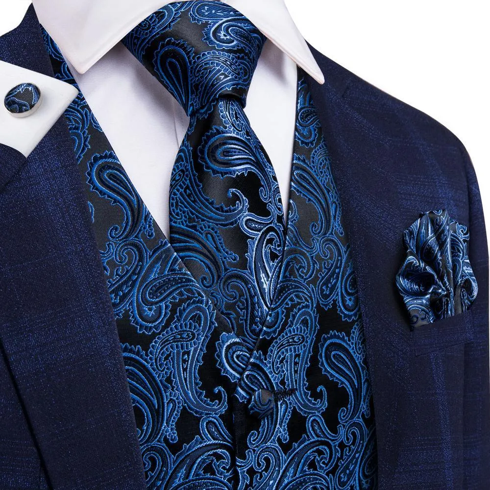 Hi-tie Navy Paisley 100% Silk Sukienka Kamizelka Zestaw Dla Mężczyzn Dark Blue Jacquard Męska Kamizelka Kamizelka Męska Kamizelka Formalna 200924