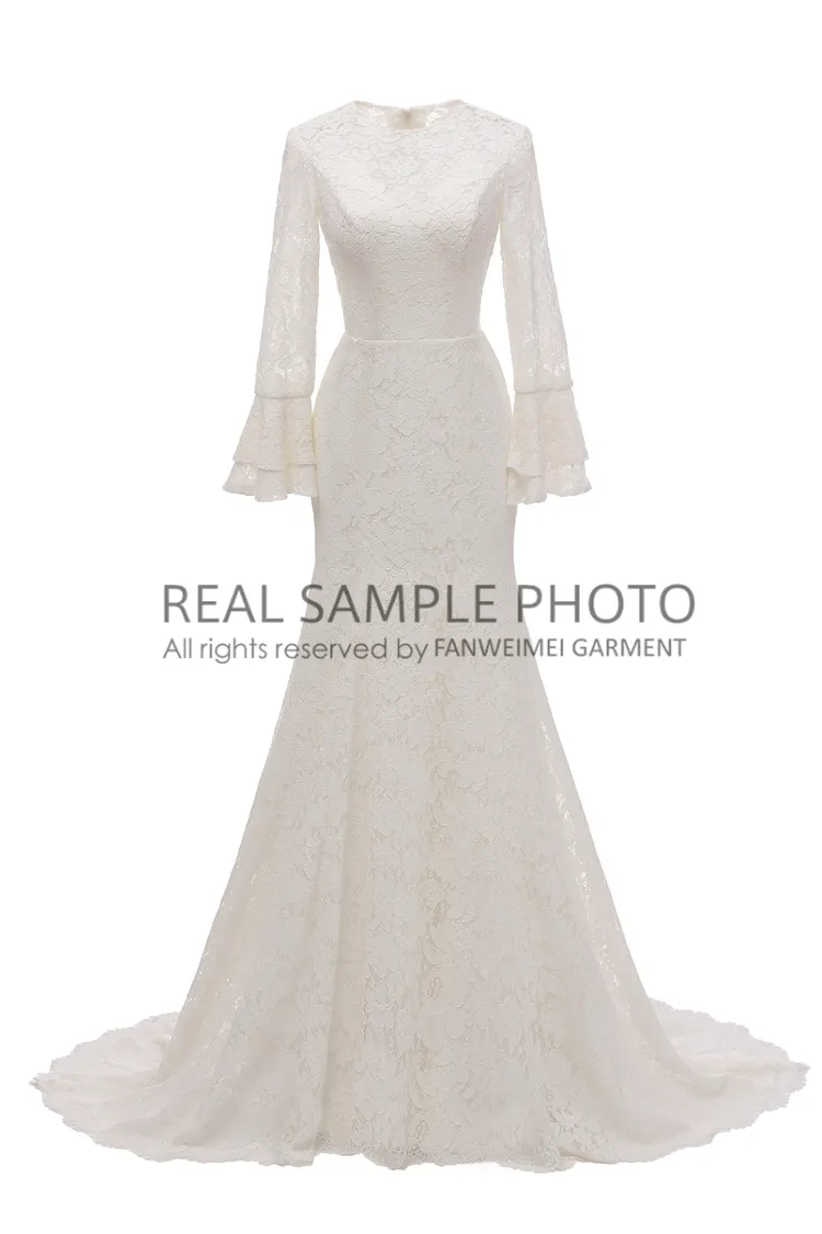 Robe de mariée SIMPLE en dentelle, manches longues évasées, longueur au sol, robe de mariée en dentelle, photo réelle, prix d'usine