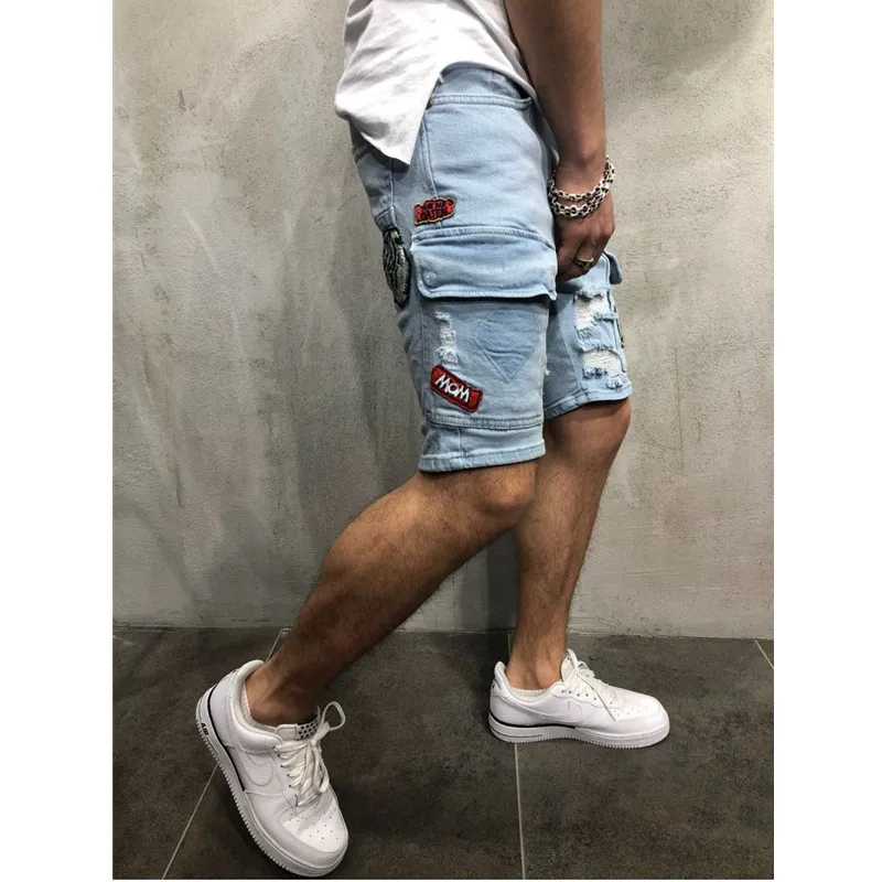 Mens Holes Denim Shorts Fashion Trend Embroidery Slim Straight Short Jeans Designer Summer Male Casual Jean Pants277y