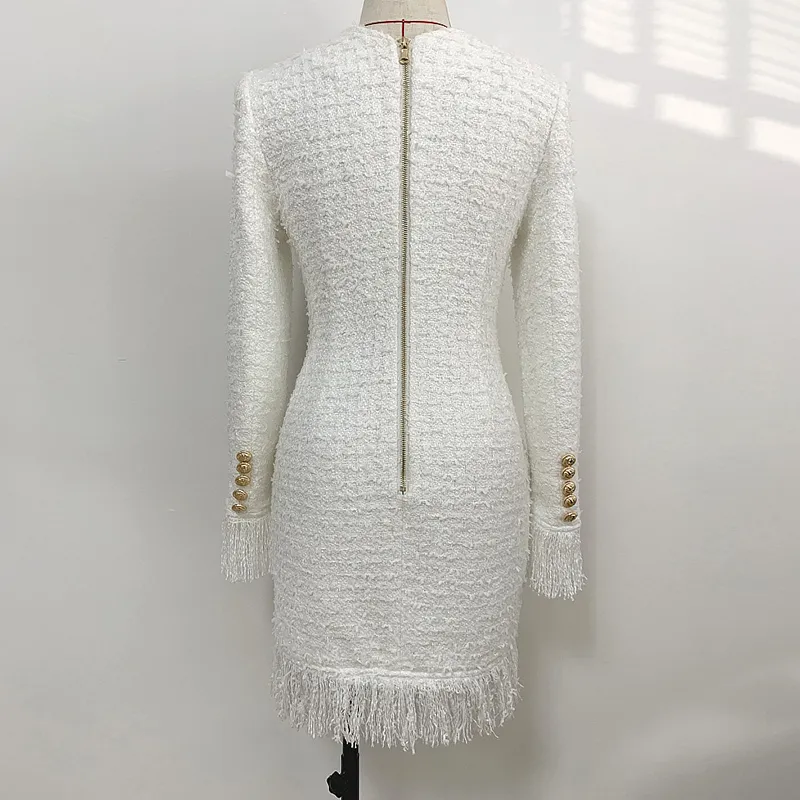 Herbst Winter Langarm Kleid Neue Sexy Mantel Zweireiher Taste Weiß Quaste Woolen Kleid Frauen Hohe Qualität 200922
