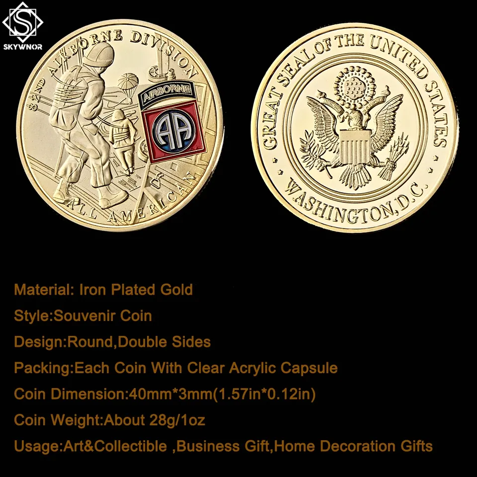 ゴールドミリタリーUSA 24Kゴールドメッキチャレンジコインクラフト82nd空borne部門米国陸軍収集贈り物8507655