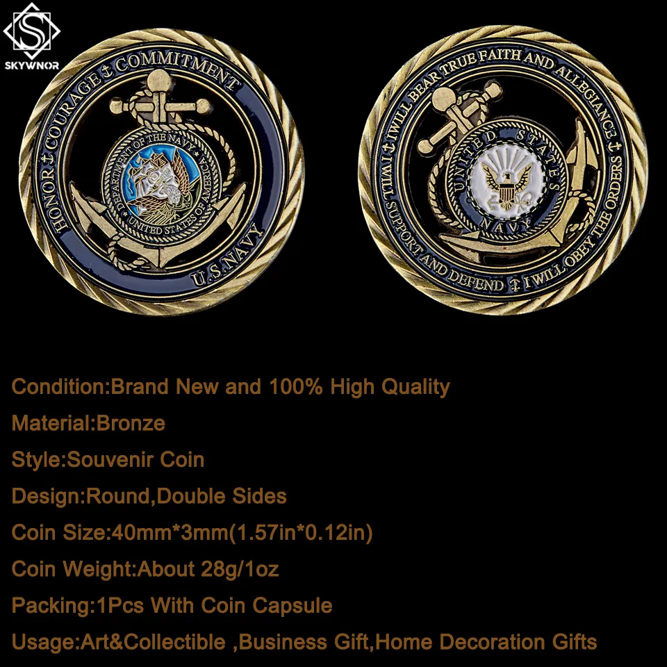 USA Afdeling Marine Craft Emblem Kernwaarden Medaille van Moed Koperen Holle Token Uitdaging Commitment Coins2753967