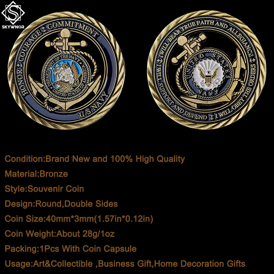 Metal Craft USNAVY Emblema Core Valores Núcleo de cobre Antique Medalha de moeda oca de coragem Coins WPCCB Box8477597