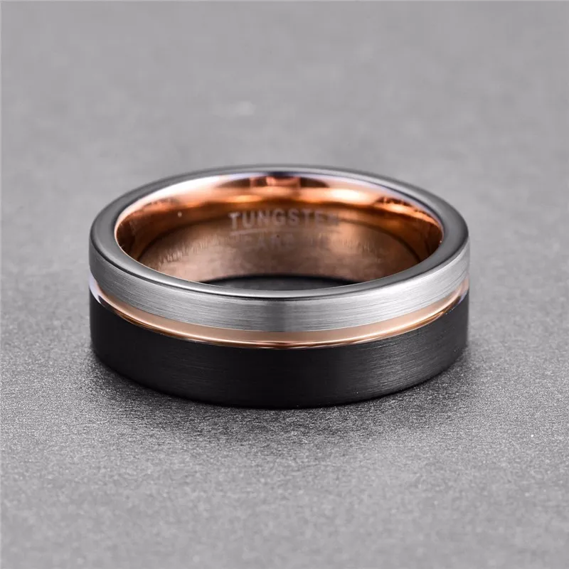Vakki Men 8mm Ring Tungsten Anello Black Rose Gold Bage di fidanzamento la festa di fidanzamento da uomo Bague Homme224i