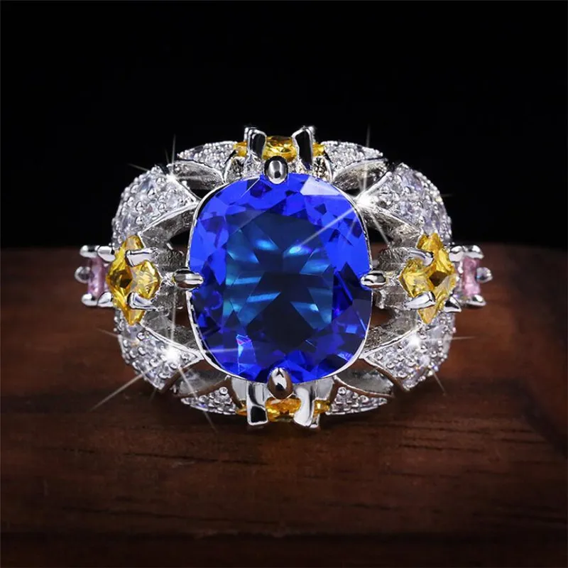 Choucong New Sparkling Luxury Jewelry 925 SER un argent sterling multicolon Blue Sapphire CZ Diamond Gemstones Flower Women Wedding Band274X