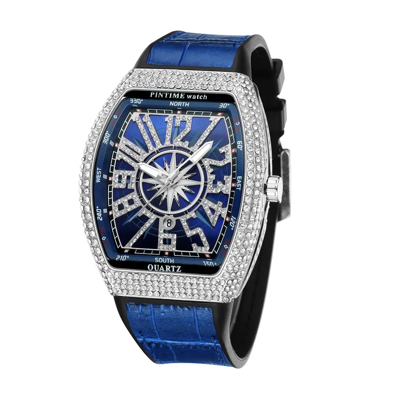 Elegante azul moda luxo designer diamante couro de jacaré pulseira calendário data quartzo bateria relógios para homens women240o