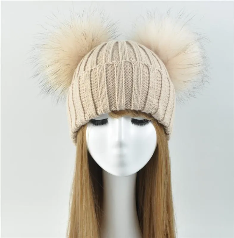 Зимняя настоящая меховая шапка шапочка для женщин -дам пушистые двойные натуральные еноты мех