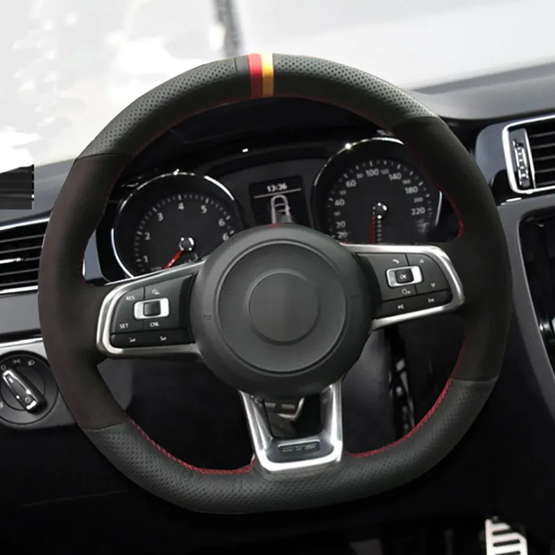 Capa de volante de carro de camurça preta de fibra de carbono para Volkswagen Golf 7 GTI Golf R MK7 Polo Scirocco 2015 2016232D