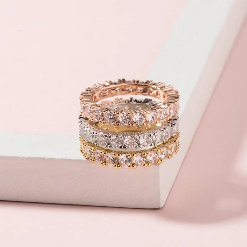 Moda zircão cúbico pavimentar banda eternidade empilhamento anéis para mulheres branco rosa ouro redondo cristal festa de casamento anéis whole277g