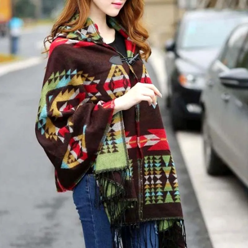 Senhoras inverno quente com capuz envoltório poncho lenços de lã capa manto ponchos e capas asteca outwear casacos femininos tippet12268