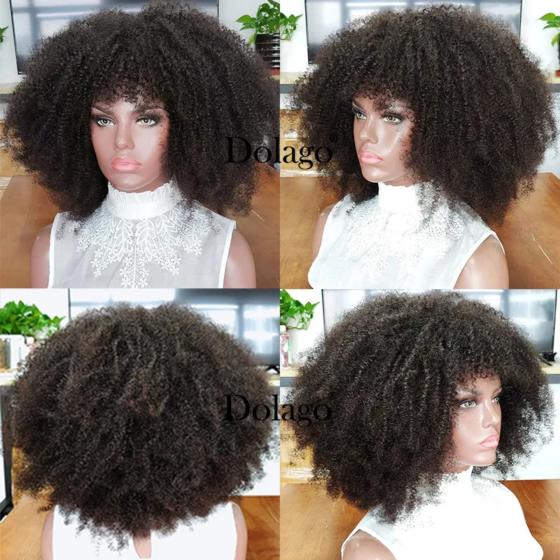 250 gęstość afro perwersyjna kręcone koronki przednie ludzkie włosy peruki z bangami krótki bob koronkowy peruka czołowa dla kobiet pełna 4b 4c dolgo czarna