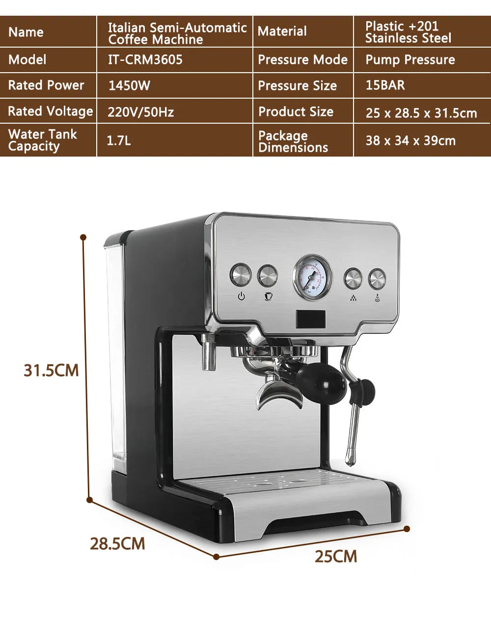 ITOP 15Bar halbautomatische Espresso-Kaffeemaschine, Cappuccino-Latte-Milchschaum-Kaffeemaschine mit 1 zusätzlichen Filterhalter