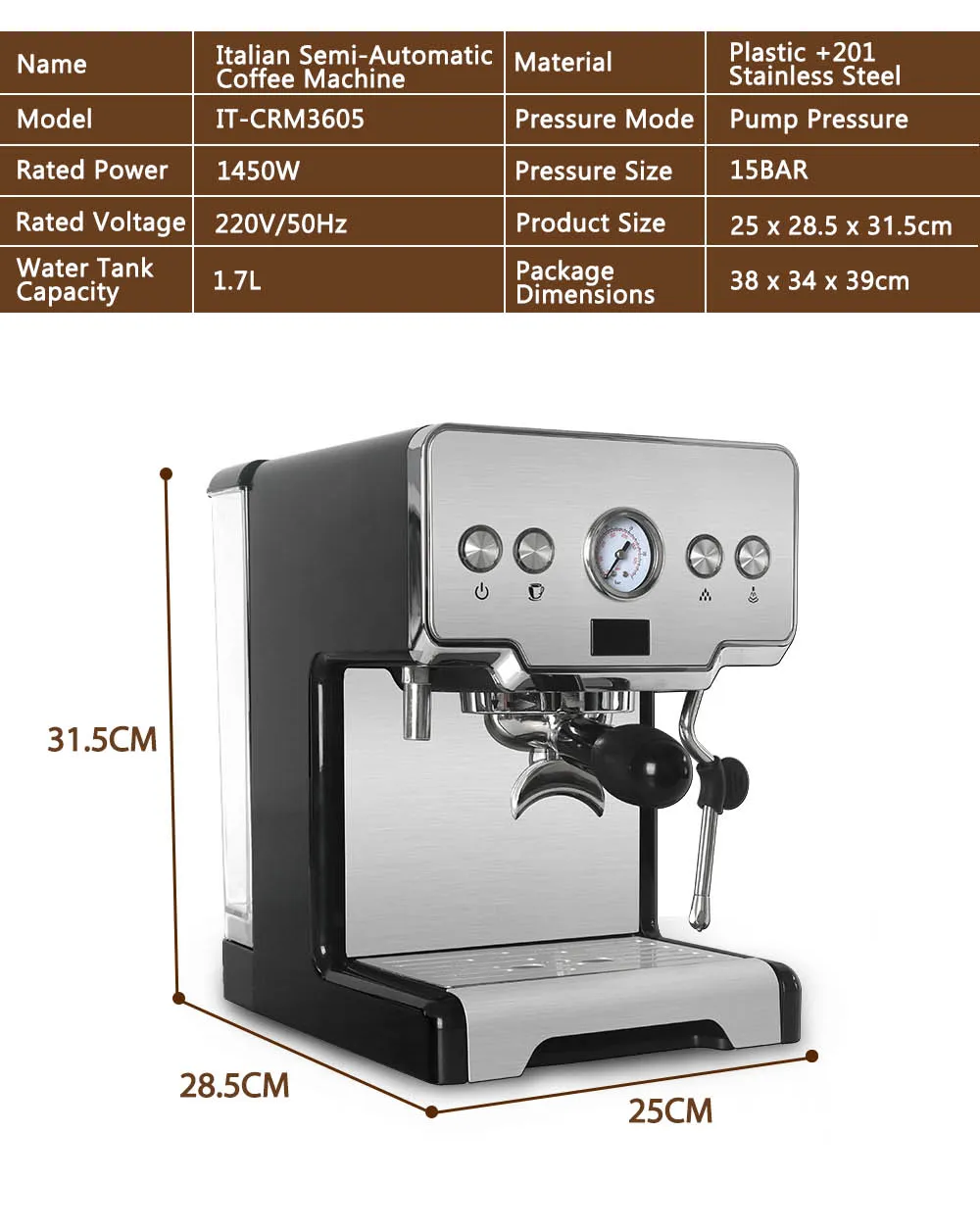 ITOP 15bar Yarı-Otomatik Espresso Kahve Makinesi Makinesi Cappuccino Latte Süt Köpük Kahve Makinesi ile 1 Ekstra Filtre Tutucu