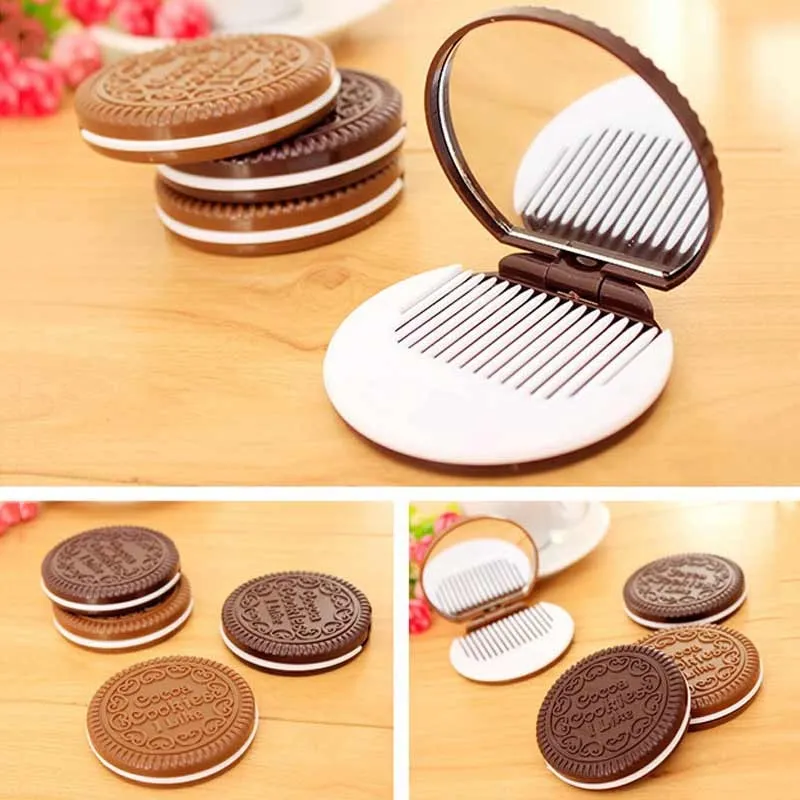 Biscuits poncés au chocolat miroirs mignon poche portable mini maquillage miroir femmes filles peigne biscuit forme miroir cosmétique espionné