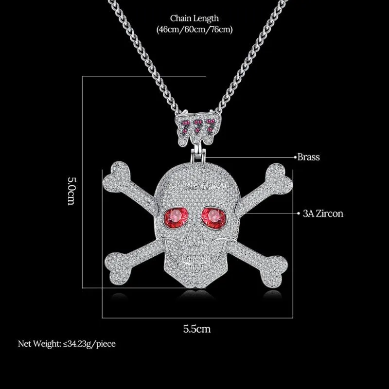 JINSE – colliers avec pendentifs en strass pour hommes, Punk, rouge, pierre CZ, squelette, crâne, couleur or, bijoux Hip Hop, cadeau, corde, chaîne 1195b