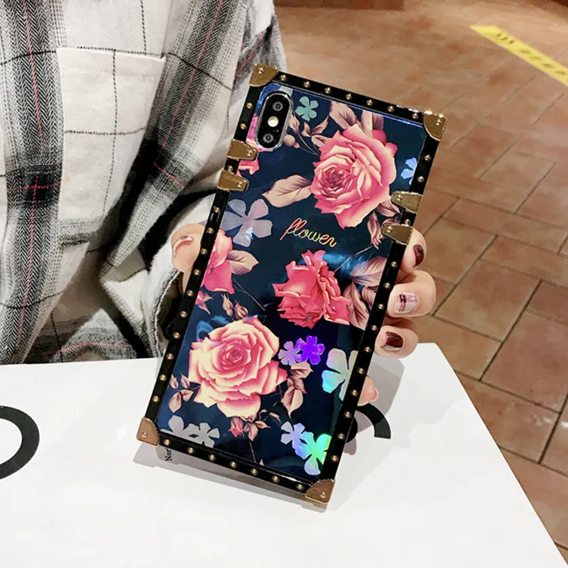 Kvadrat Blu-ray Rose Flowers Show Case för iPhone 13 12 11 Pro XS Max XR X 8 7 6s 6 Plus Case för Samsung Note 20 Plus S20 Ultra Plus
