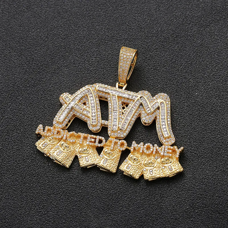 Hip Hop Micro pavé cubique zircone Bling glacé accro à l'argent ATM pendentifs collier pour hommes rappeur bijoux or couleur 293w