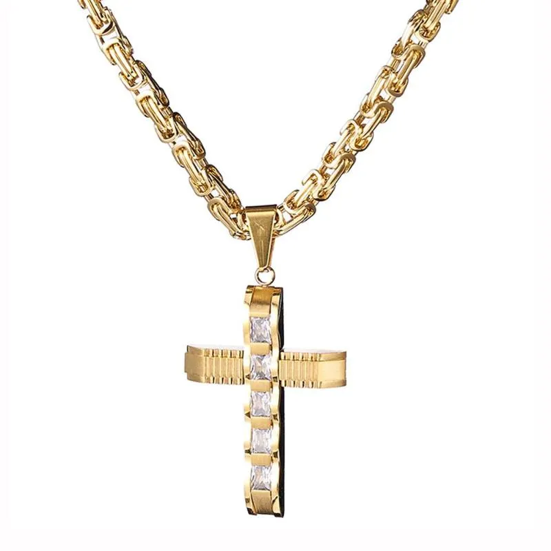 Rock da uomo in acciaio inossidabile 316L con strass croce pendente collana gioielli regalo catena bizantina 20-40 pollici1307g