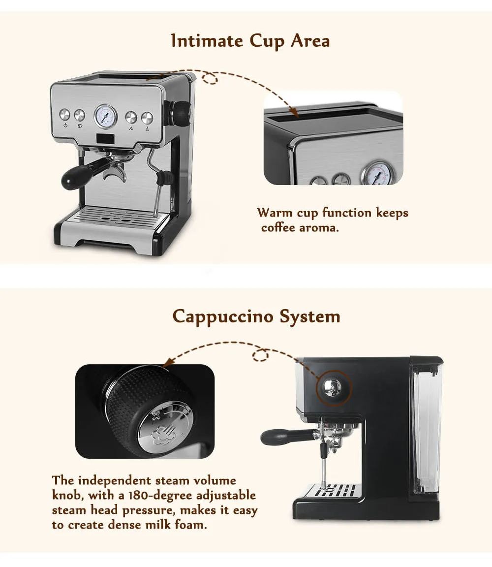 ITOP 15Bar halbautomatische Espresso-Kaffeemaschine, Cappuccino-Latte-Milchschaum-Kaffeemaschine mit 1 zusätzlichen Filterhalter