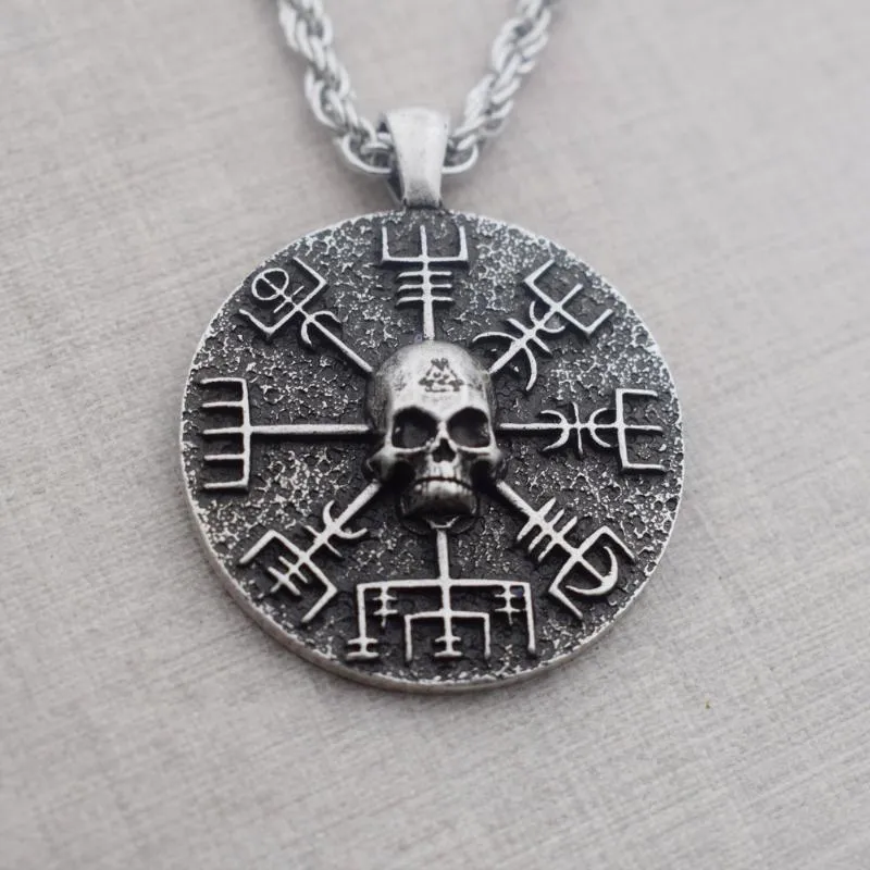 Sanlan Norse Vikings Gear Vegvisir with Skull Necklace Amulet199o