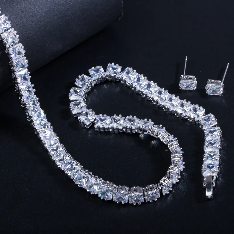 CWWZircons Сверкающее ожерелье принцессы с кубическим цирконием, ожерелье, серьги, браслет, набор для женщин, ювелирные изделия для свадебной вечеринки T314227C