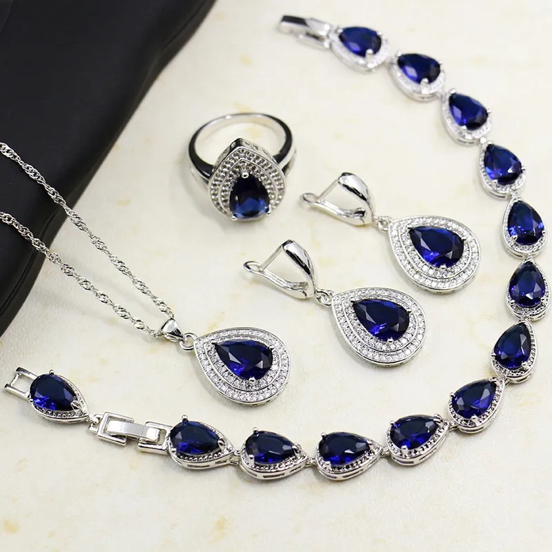 Bague ringen su damlası şekilli safir gümüş 925 mücevher setleri kadınlar için mavi değerli taşlar yüzük küpeler kolye bilezik düğün m3094