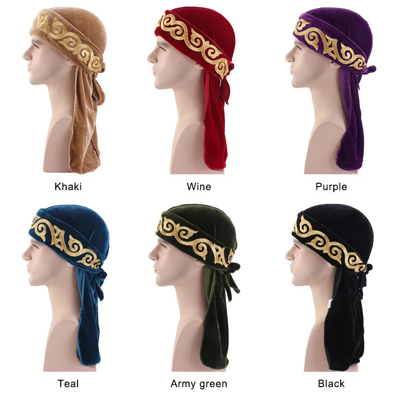 Muslimska män tryck Bandana Turban Hat Wigs Velvet Durags Doo Headwrap Plated Cap Biker Headwear Pirate Hair Accessories1308y