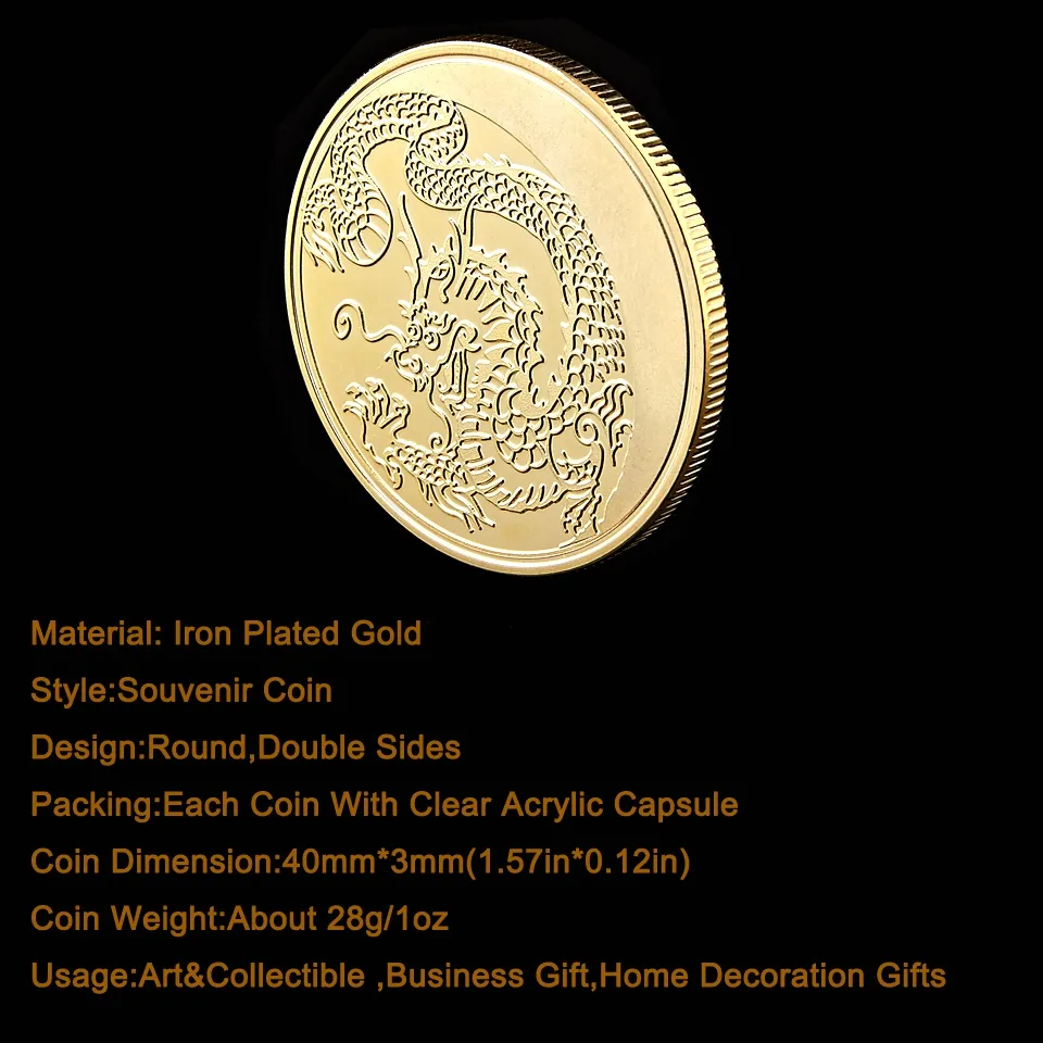 5st Retail Ryssland Zodiac Dragon Fly Animal Loong Craft Gold Commemorative Coin Metal Round Gift Decor3711276